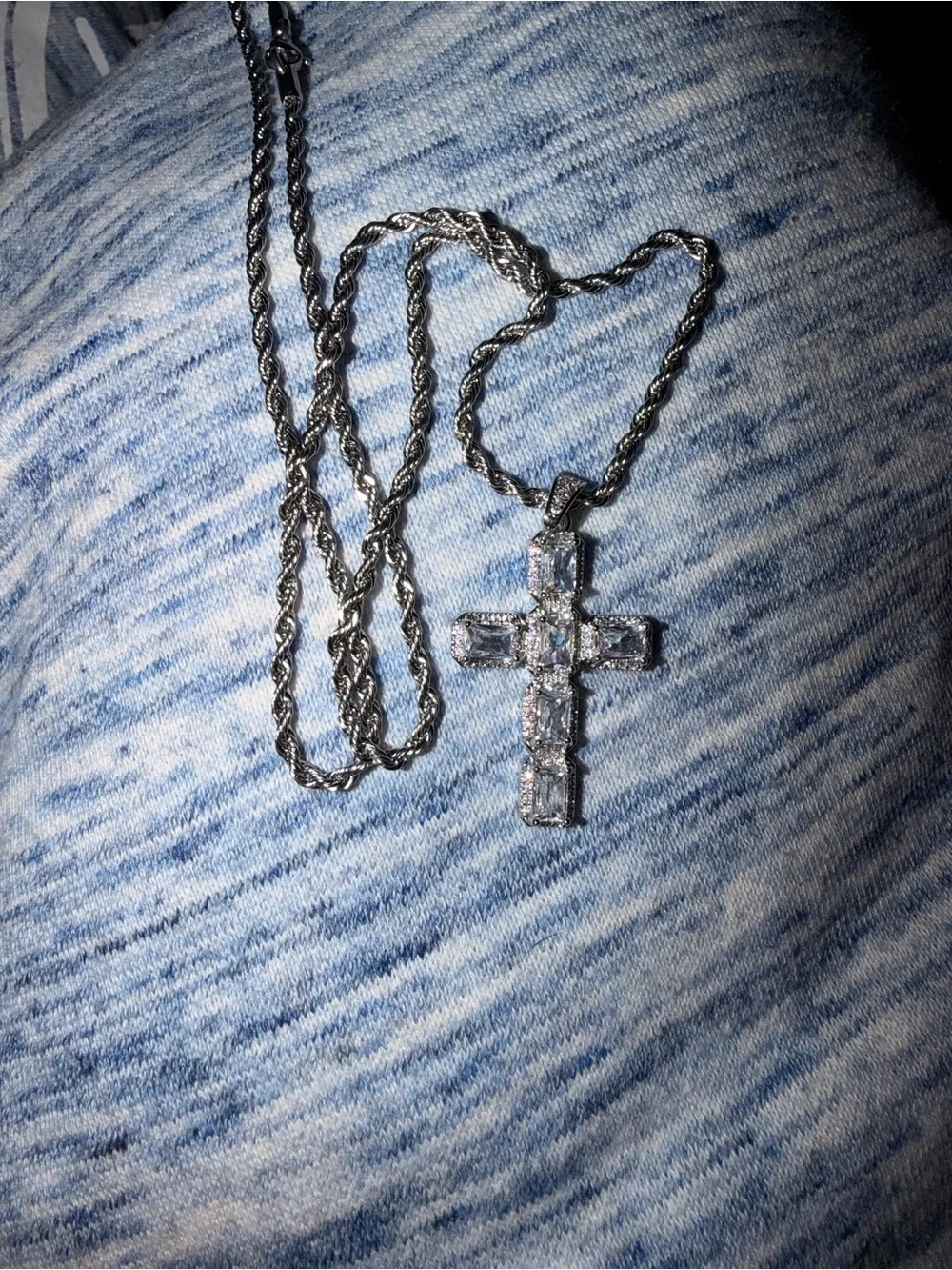 Men's Silver-Tone Cross Pendant Necklace with Clear Stones
